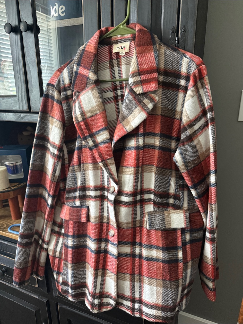 BiBi Red, White & Brown Plaid Wool-Blend Blazer